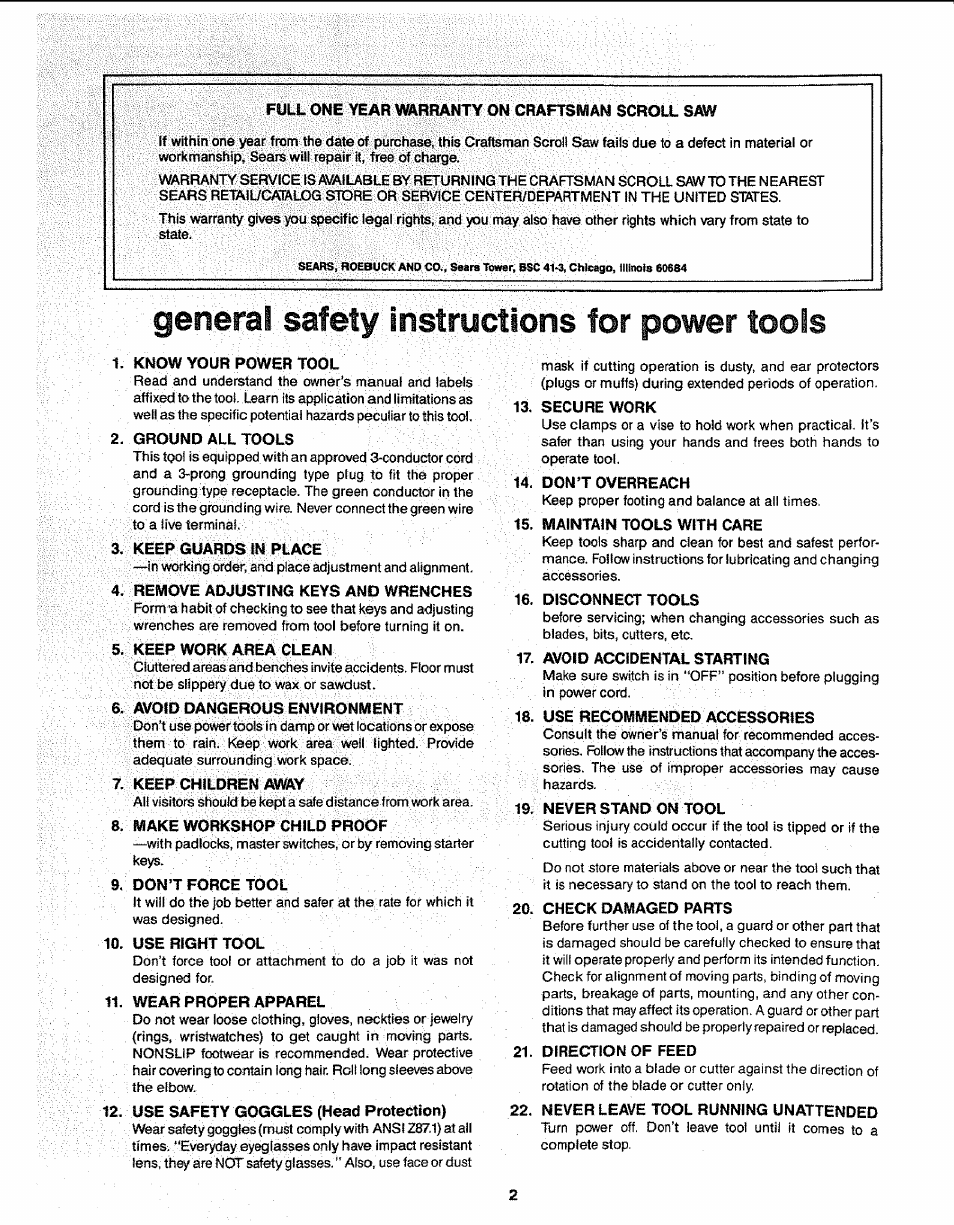 General safety instrúctions for power tools | Sears 113.23611 User Manual | Page 2 / 20