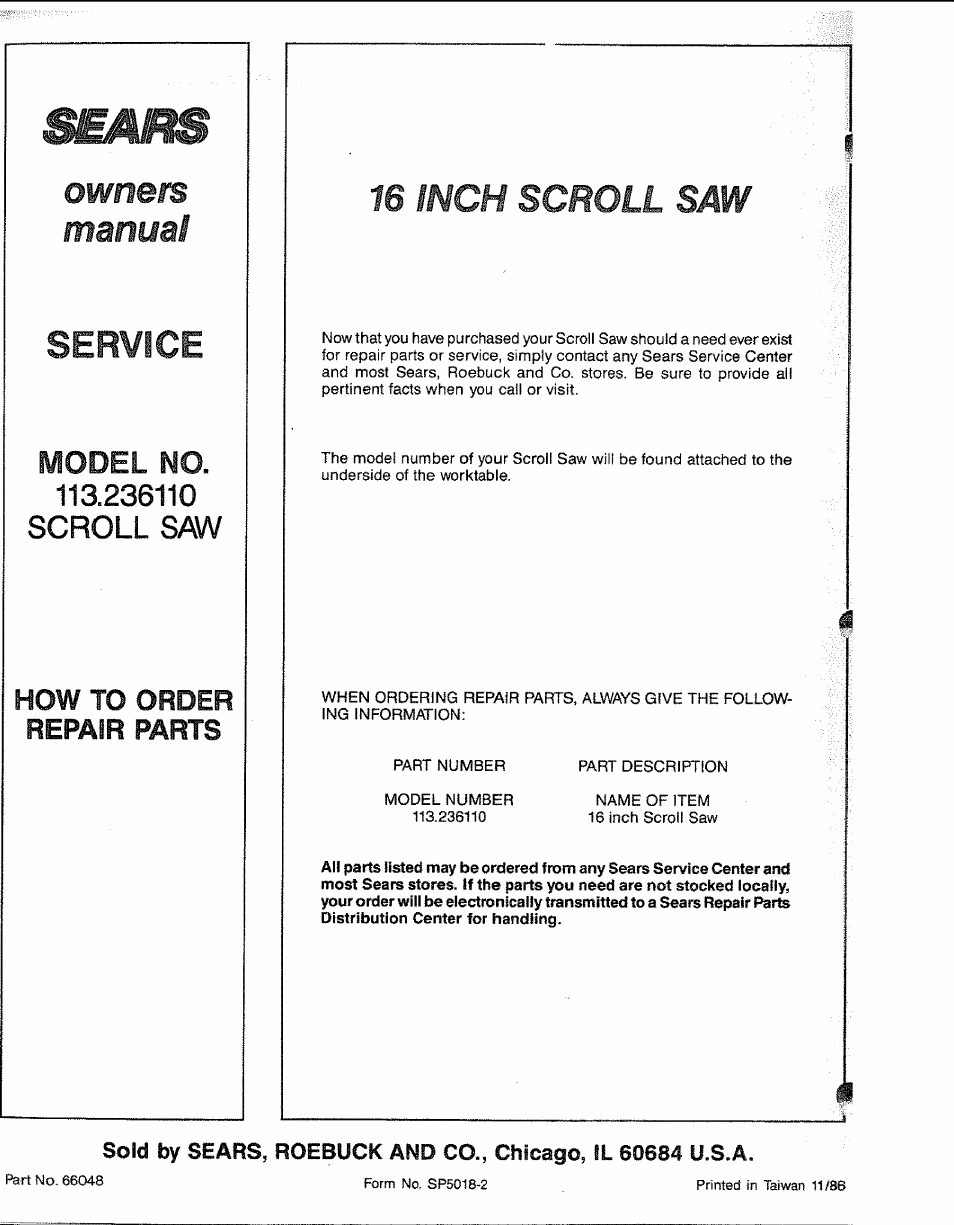 Service, Manual, 16 inch scroll saw | Scroll saw, Model no, How to order repair parts | Sears 113.23611 User Manual | Page 20 / 20