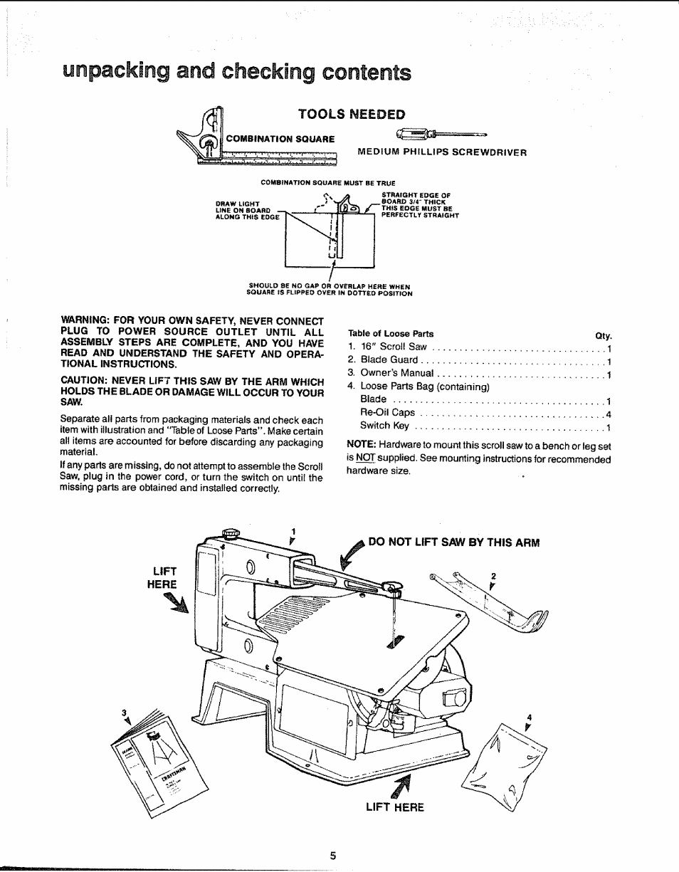 Unpacking and checking contents, Tools needed | Sears 113.23611 User Manual | Page 5 / 20