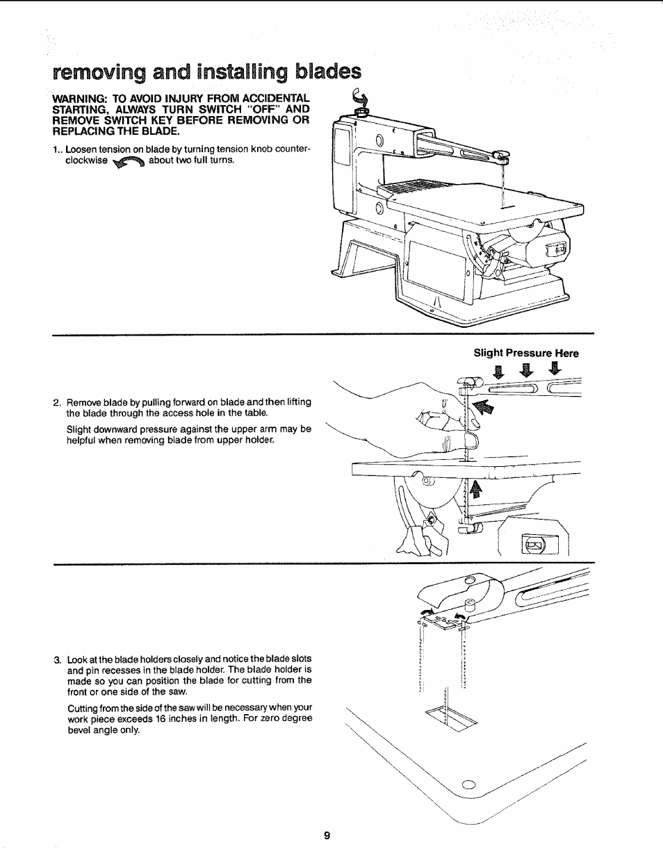 Removing and installing blades | Sears 113.23611 User Manual | Page 9 / 20