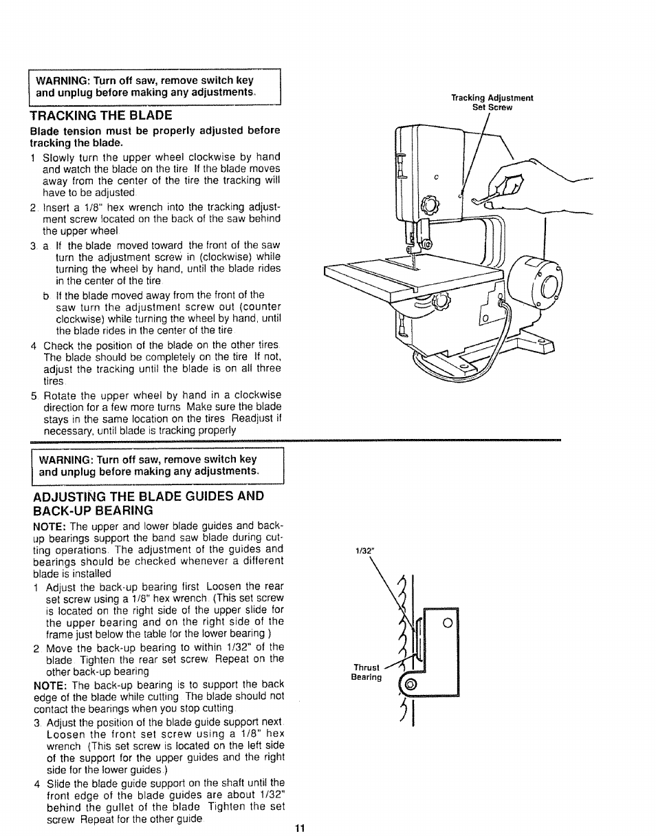 Tracking the blade, Adjusting the blade guides and back-up bearing | Sears 113.244501 User Manual | Page 11 / 24