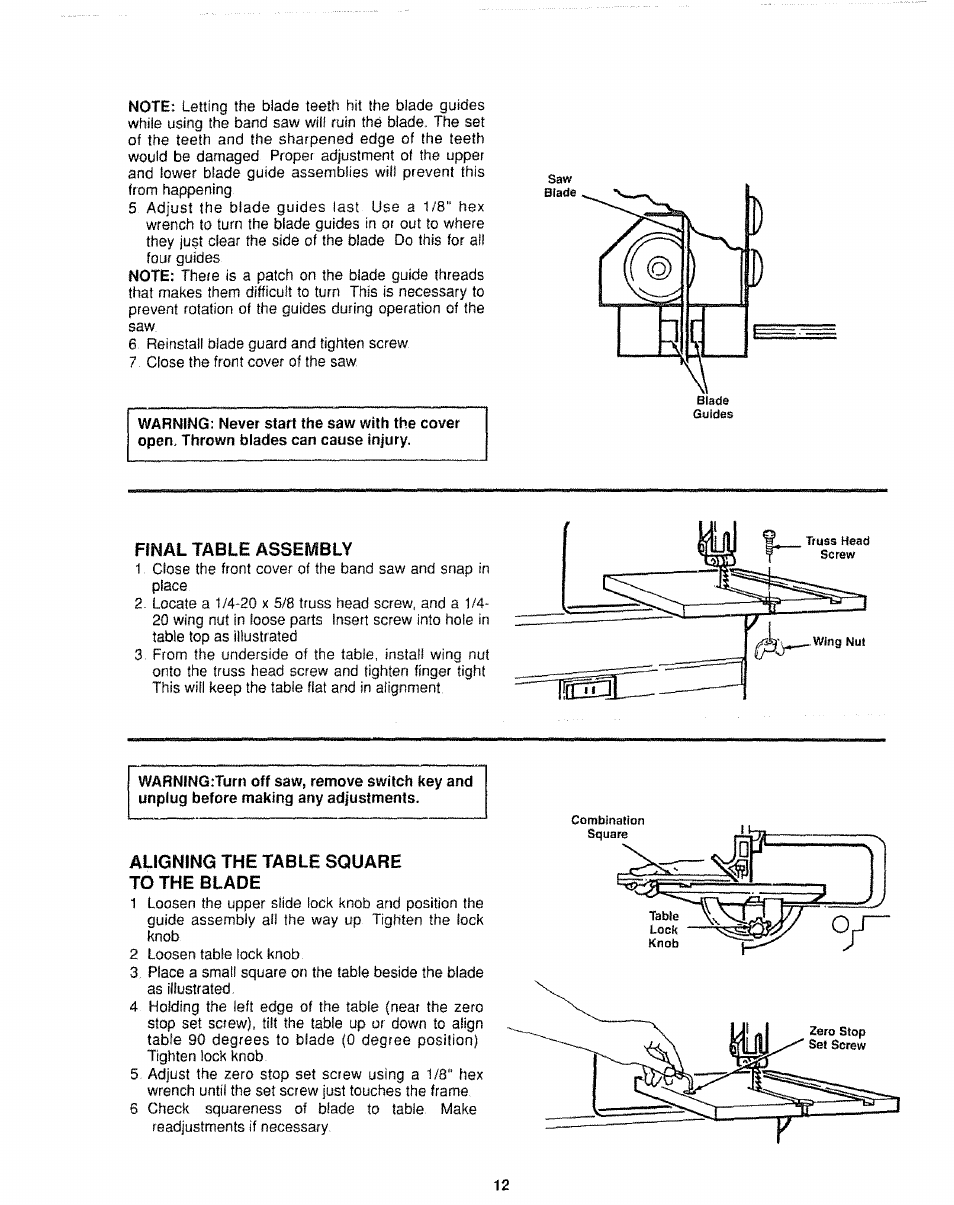 Final table assembly, Aligning the table square to the blade | Sears 113.244501 User Manual | Page 12 / 24