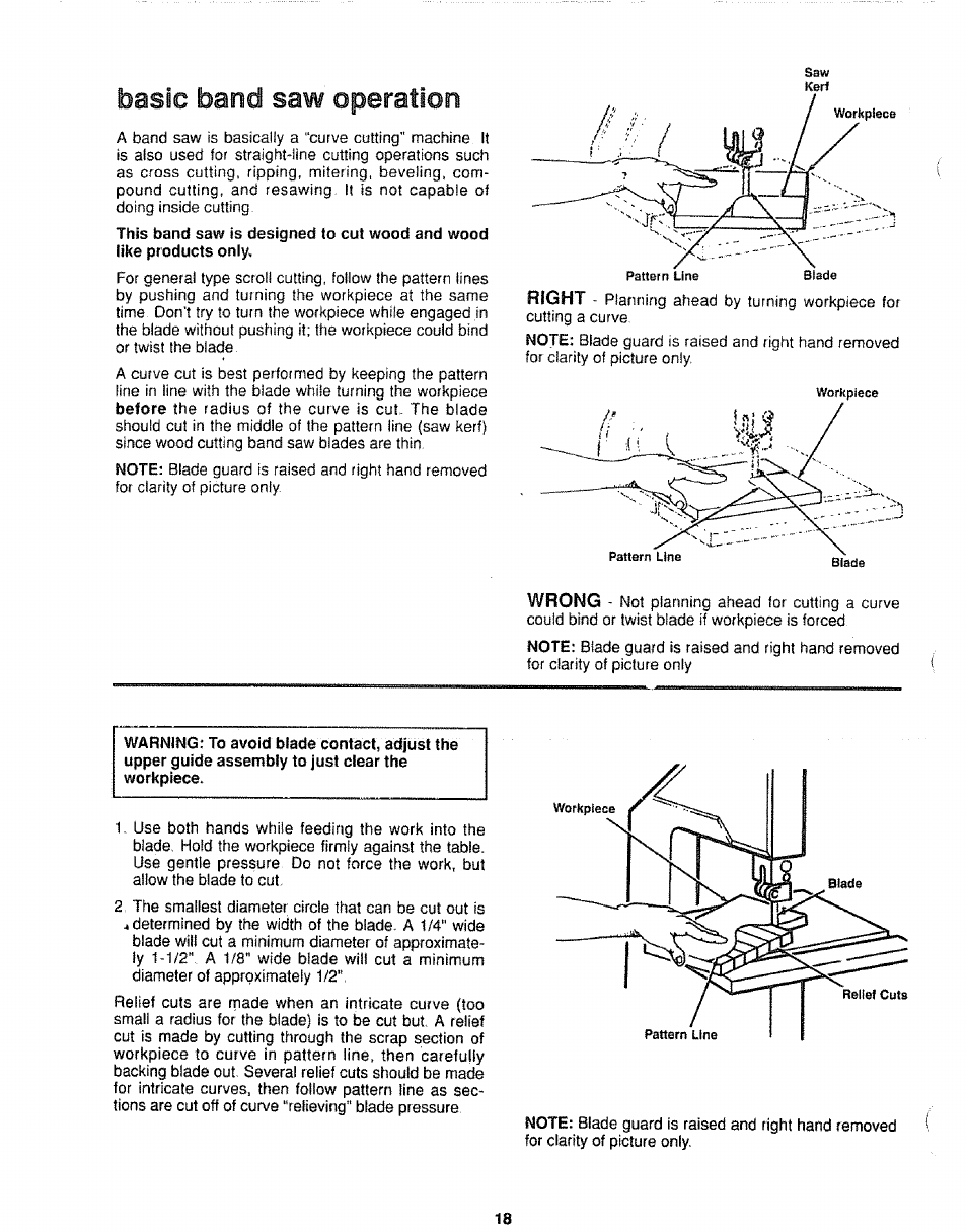 Basic band saw operation, Right, Wrong | Sears 113.244501 User Manual | Page 18 / 24