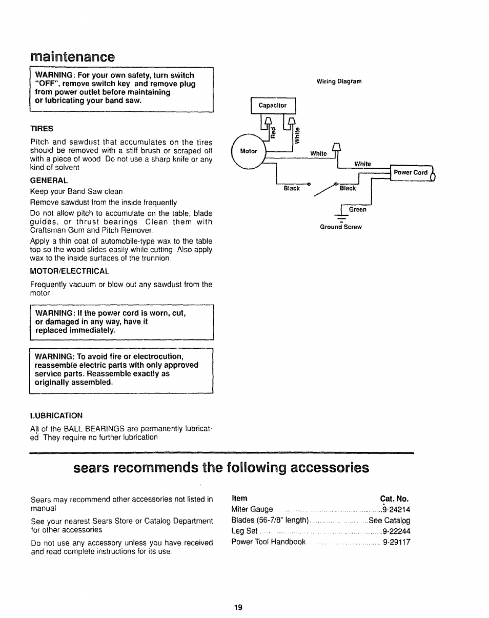 Tires, General, Motor/electrical | Lubrication, Item cat. no, Maintenance, Sears recommends the following accessories | Sears 113.244501 User Manual | Page 19 / 24