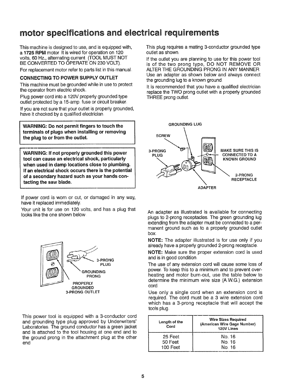 Motor specifications and electrical requirements | Sears 113.244501 User Manual | Page 5 / 24