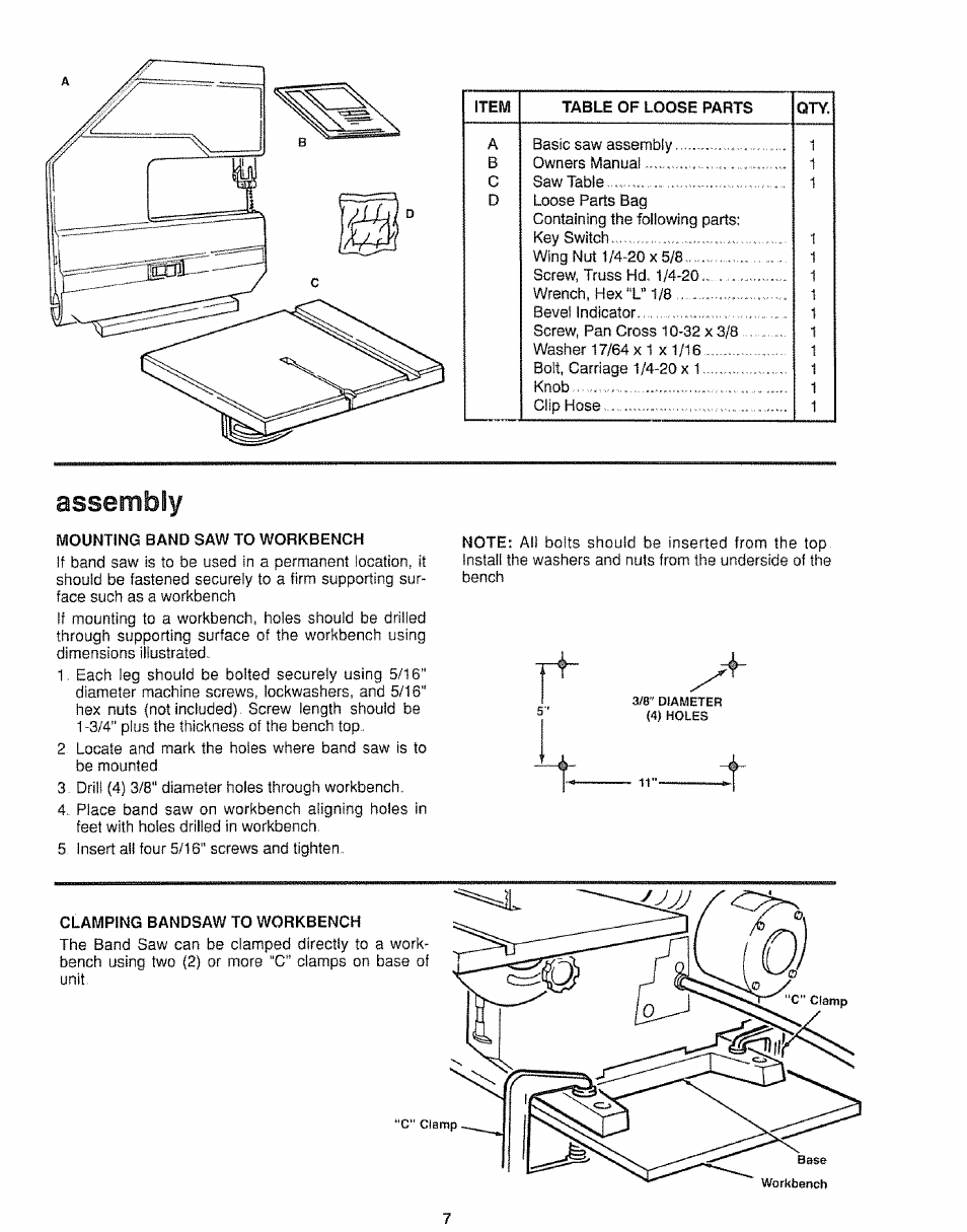 Mounting band saw to workbench, Assembly | Sears 113.244501 User Manual | Page 7 / 24