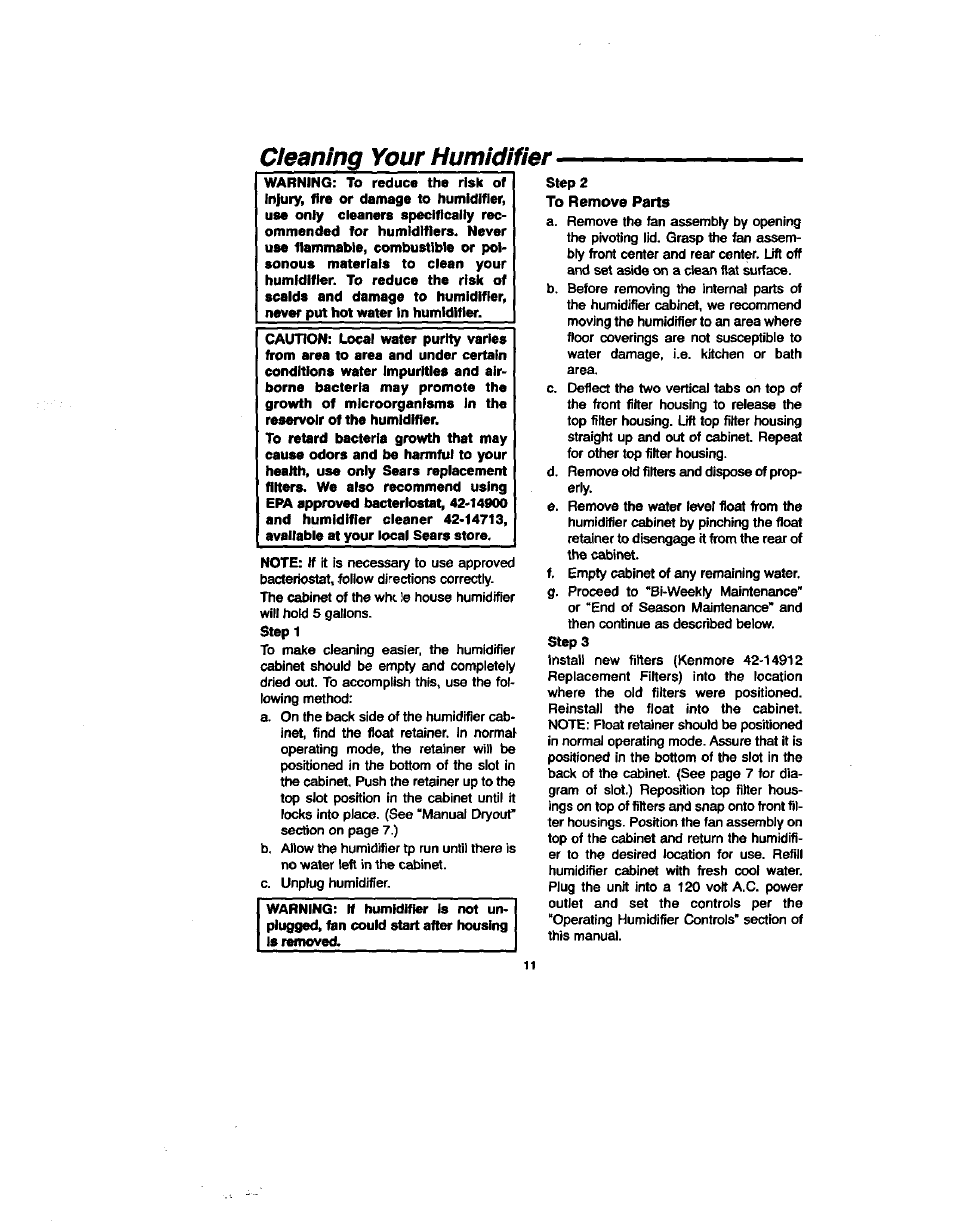 Cleaning your humidifier | Sears 758.144131 User Manual | Page 11 / 16