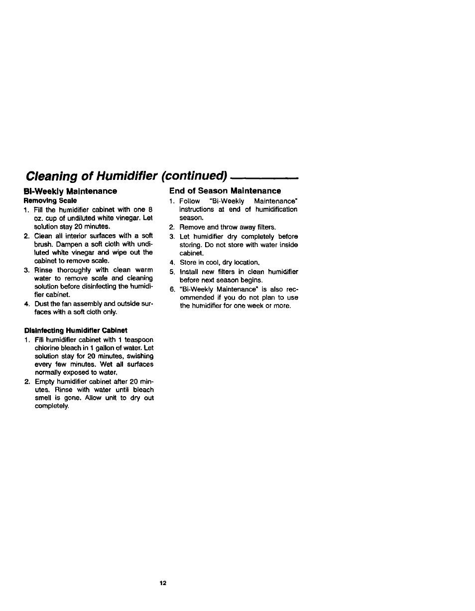 End of season maintenance, Cleaning of humidifier (continued) | Sears 758.144131 User Manual | Page 12 / 16