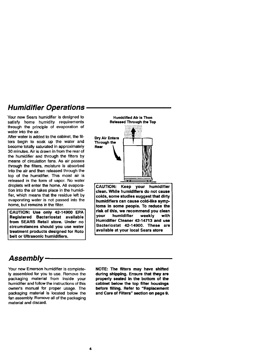 Humidifier operations, Assembiy | Sears 758.144131 User Manual | Page 4 / 16