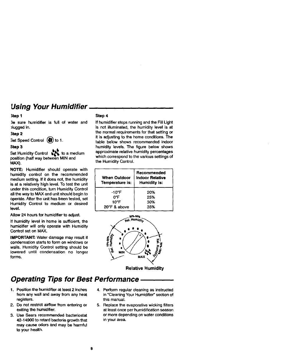 Relative humidity, Using your humidifier, Operating tips for best performance | Sears 758.144131 User Manual | Page 8 / 16