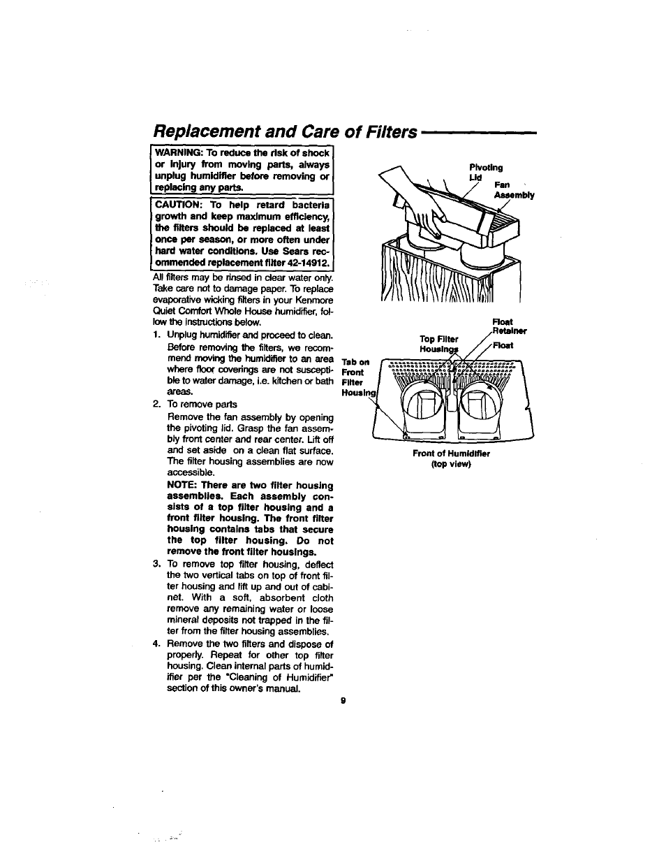 Replacement and care of filters | Sears 758.144131 User Manual | Page 9 / 16