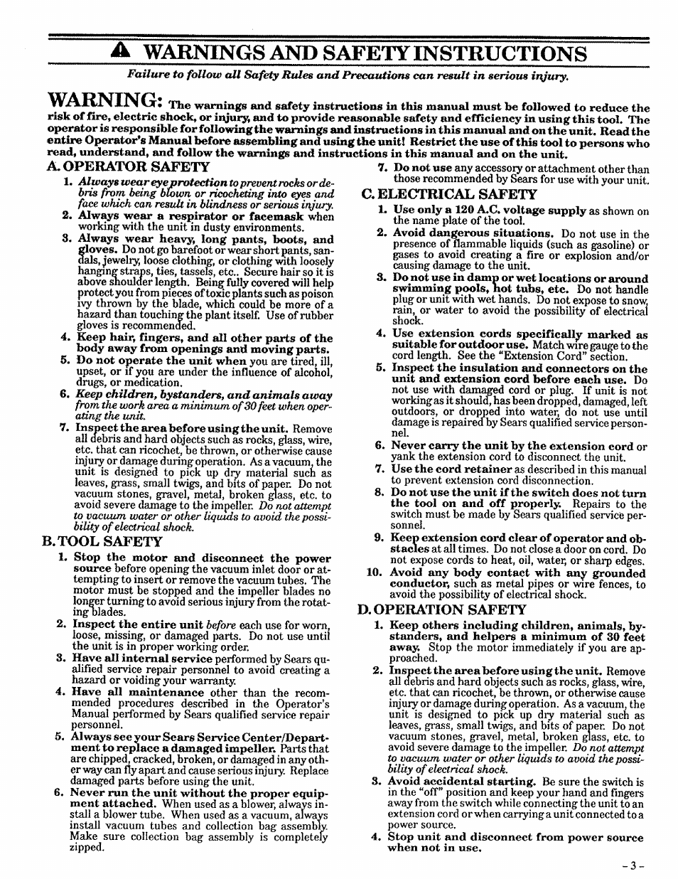 A warnings and safety instructions, A. operator safety, B.tool safety | Warnings and safety instructions | Sears 257.796362 User Manual | Page 3 / 12