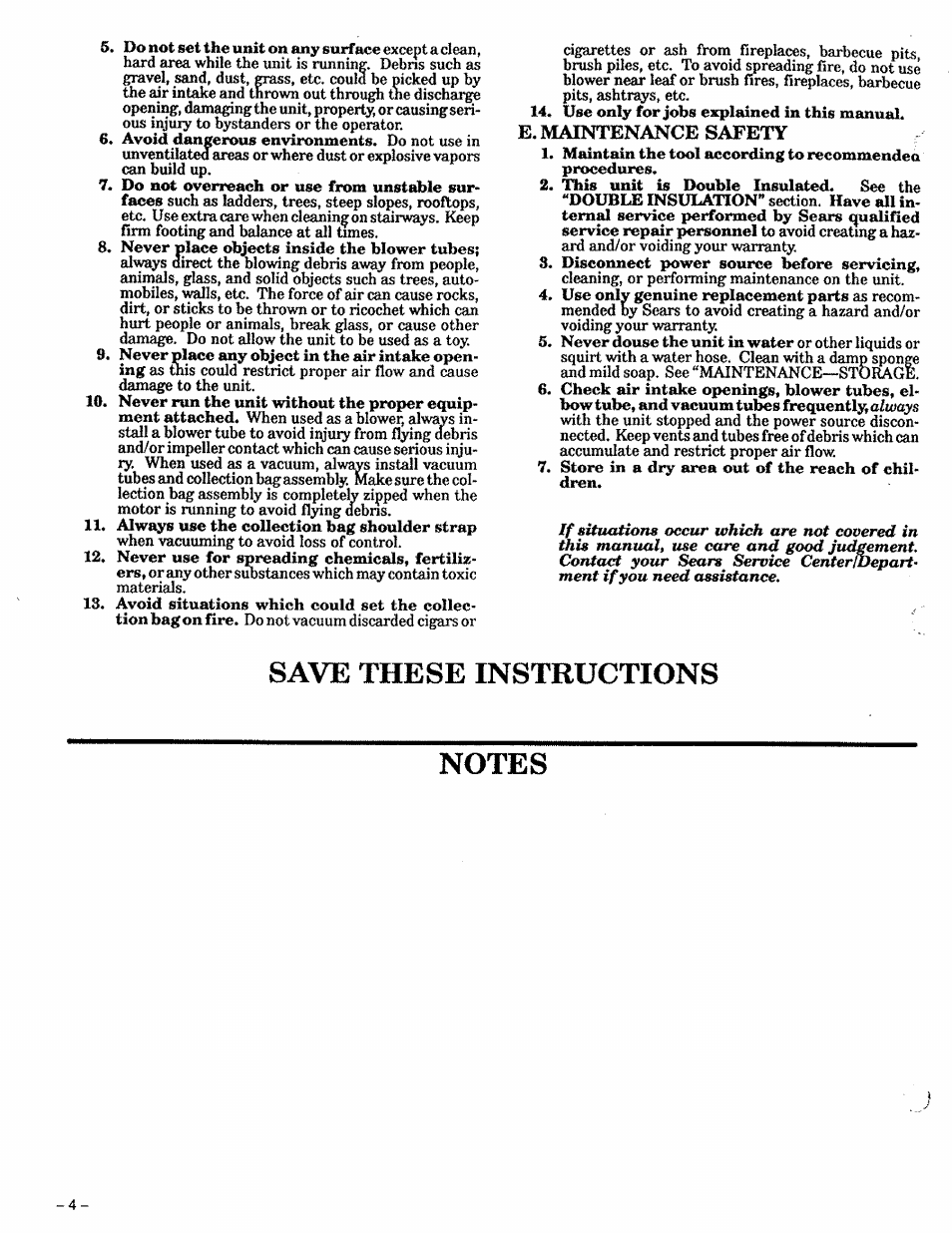 E. maintenance safety, Save these instructions, Notes | Sears 257.796362 User Manual | Page 4 / 12