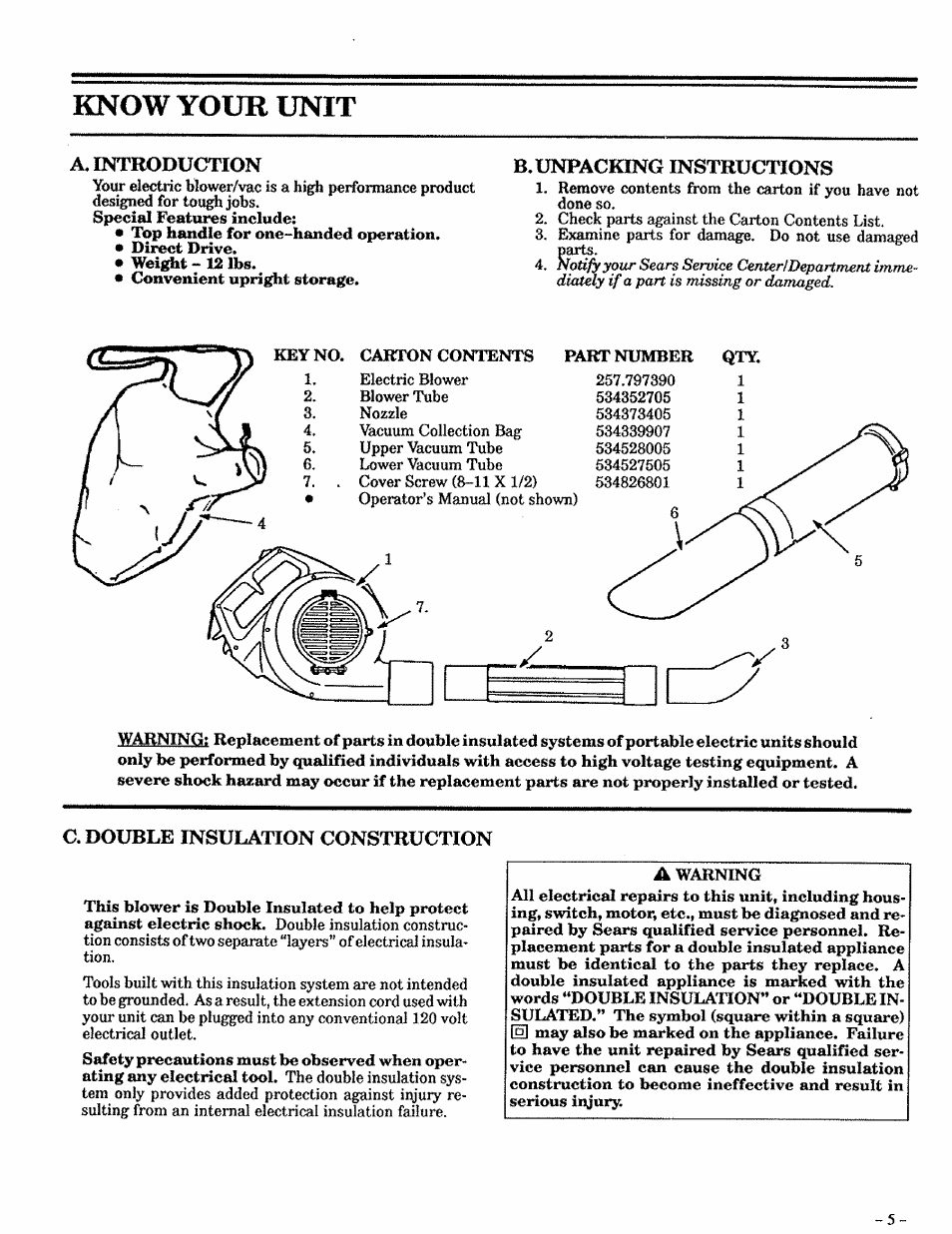 Know your unit, A. introduction, B. unpacking instructions | C. double insulation construction | Sears 257.796362 User Manual | Page 5 / 12