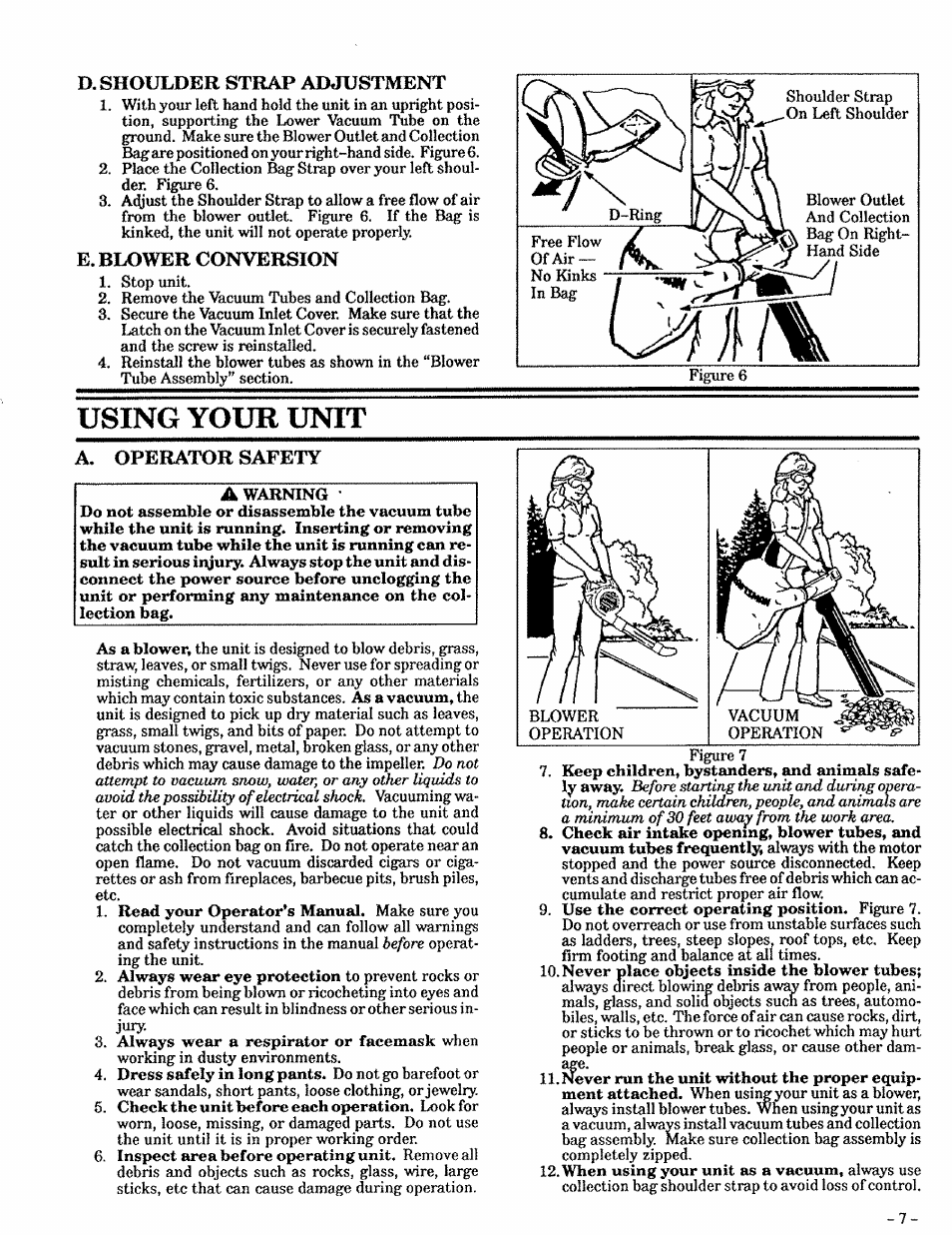 D. shouldeb strap adjustment, E. blower conversion, Using your unit | A. operator safety | Sears 257.796362 User Manual | Page 7 / 12