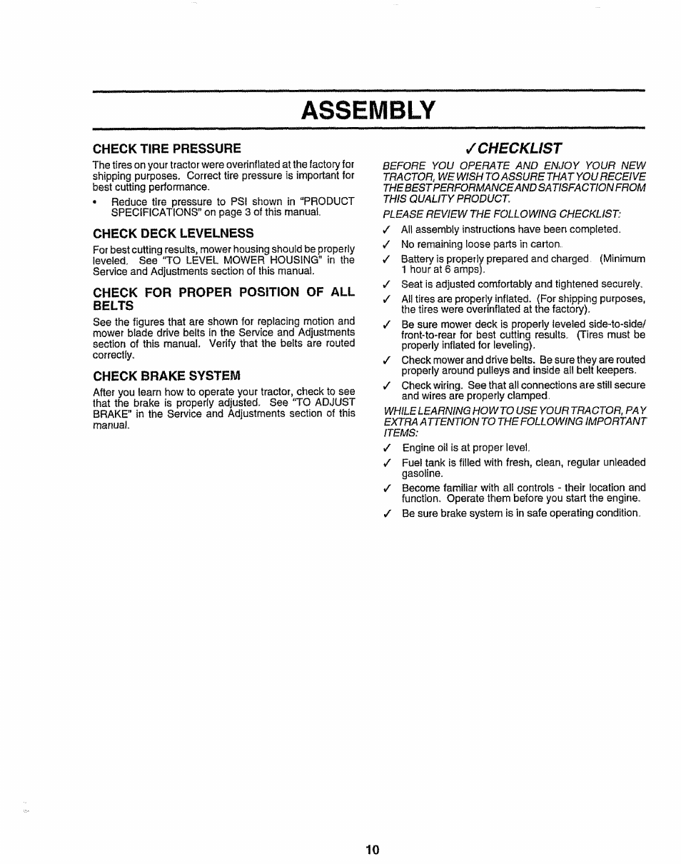 Check tire pressure, Check deck levelness, Check for proper position of all | Check brake system, Ill ivi izf l, Accumcu v, Checklist | Sears EZ3 917.258473 User Manual | Page 10 / 60