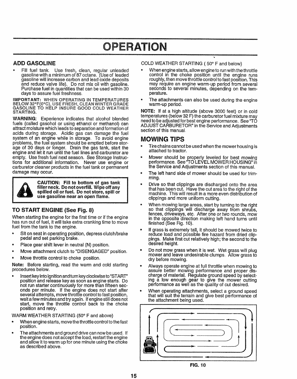 Add gasoline, To start engine {see fig. 8), Mowing tips | Operation | Sears EZ3 917.258473 User Manual | Page 15 / 60