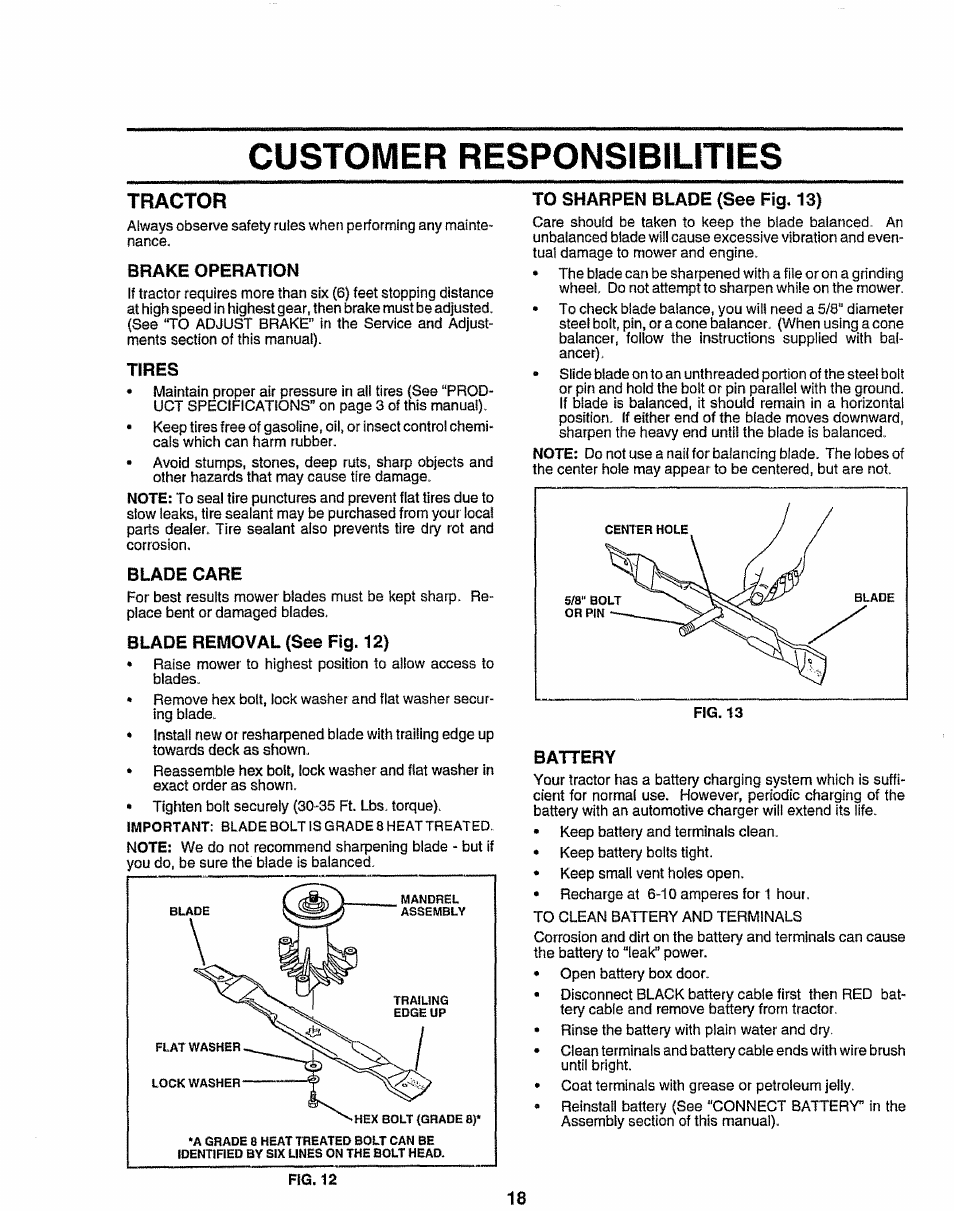 Brake operation, Tires, Blade care | Blade removal (see fig. 12), To sharpen blade (see fig. 13), Battery, Customer responsibilities, Tractor | Sears EZ3 917.258473 User Manual | Page 18 / 60