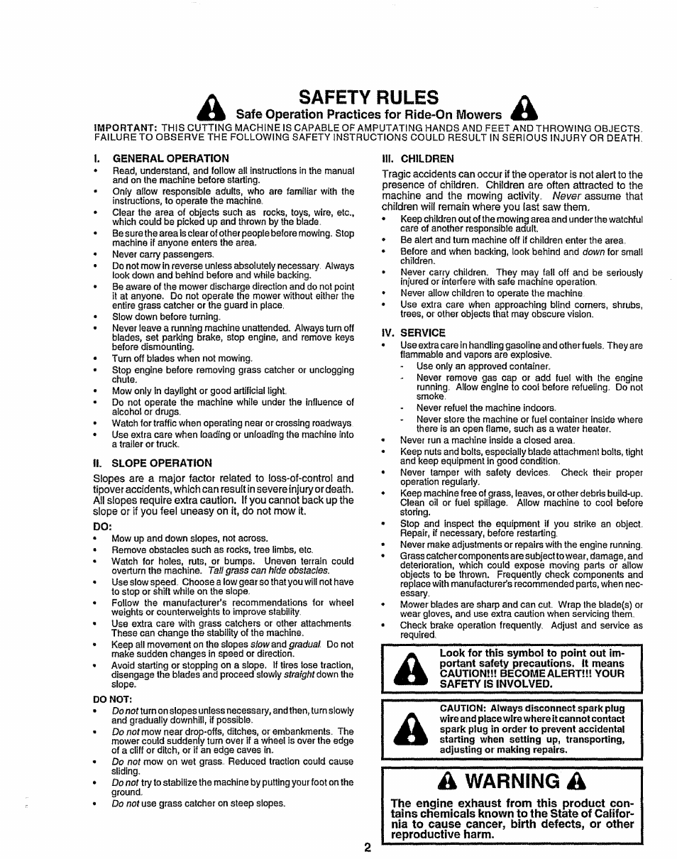 Safe operation practices for ride-on mowers, Warning, Safety rules | Sears EZ3 917.258473 User Manual | Page 2 / 60
