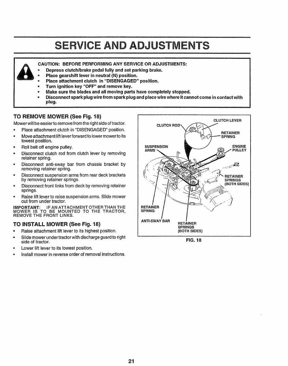To remove mower (see fig. 18), To install mower (see fig. 18), Service and adjustments | Sears EZ3 917.258473 User Manual | Page 21 / 60