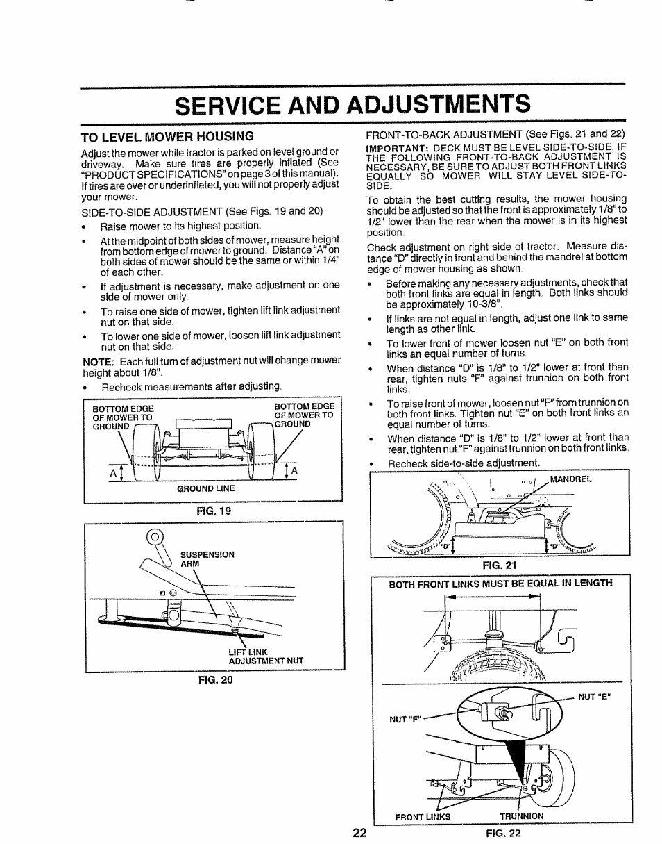 To level mower housing, Service and adjustments | Sears EZ3 917.258473 User Manual | Page 22 / 60