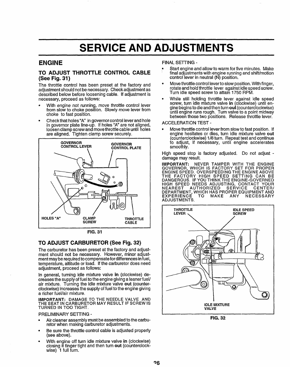 To adjust throttle control cable (see fig. 31), To adjust carburetor (see fig. 32), Service and adjustments | Engine | Sears EZ3 917.258473 User Manual | Page 26 / 60