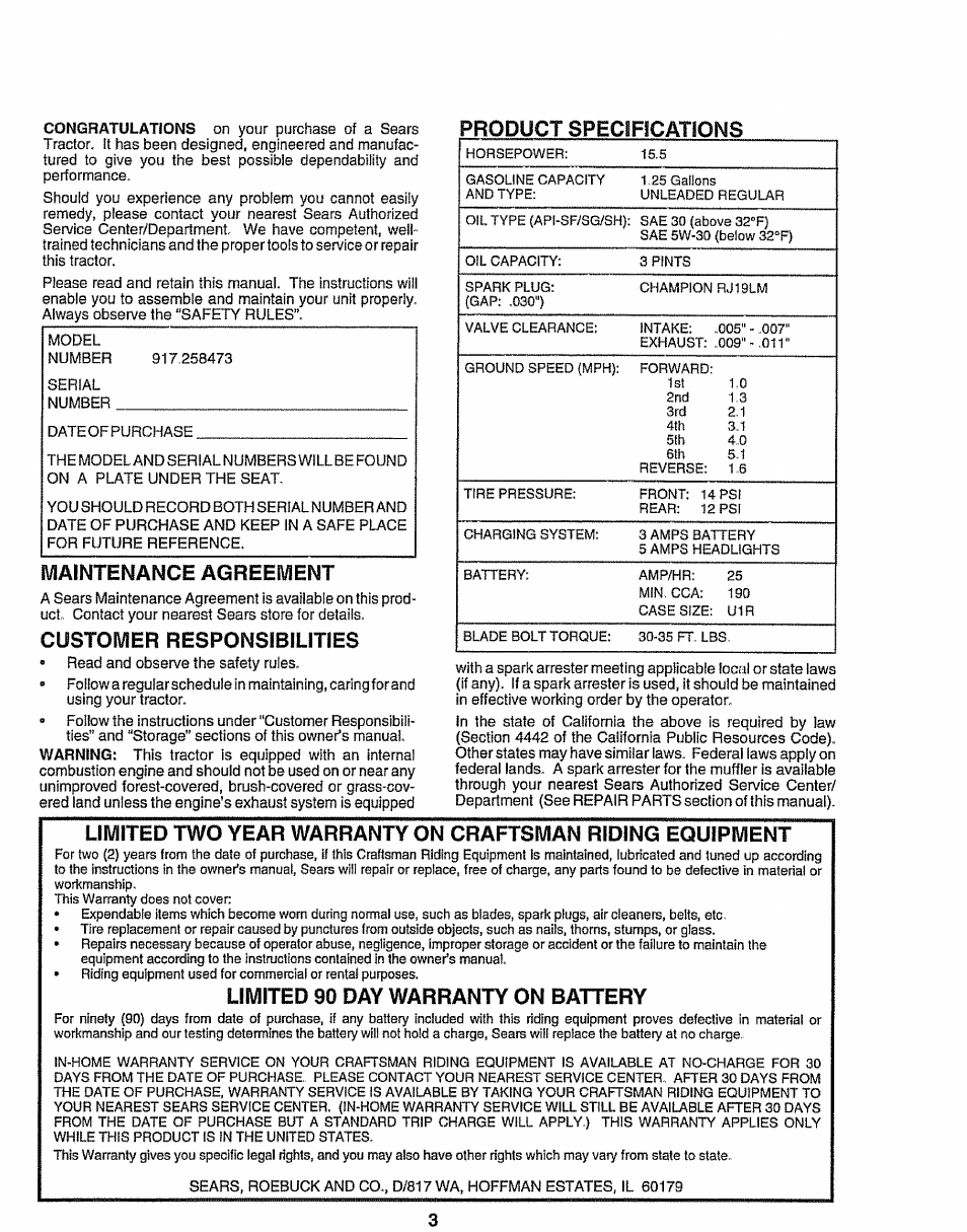 Maintenance agreement, Customer responsibilities, Limited 90 day warranty on battery | Product specifications | Sears EZ3 917.258473 User Manual | Page 3 / 60