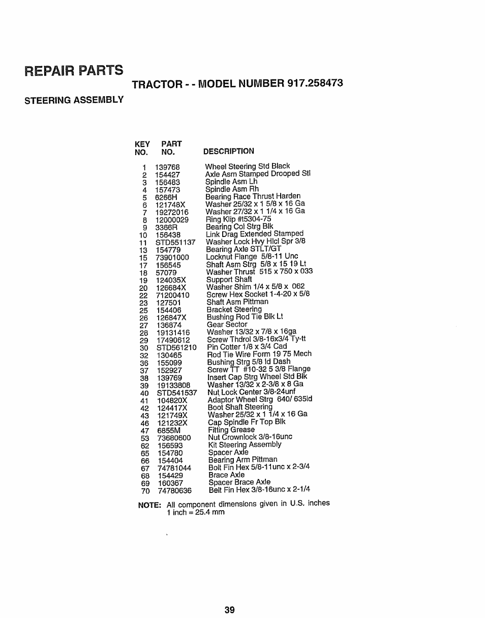Steering assembly, Repair parts | Sears EZ3 917.258473 User Manual | Page 39 / 60