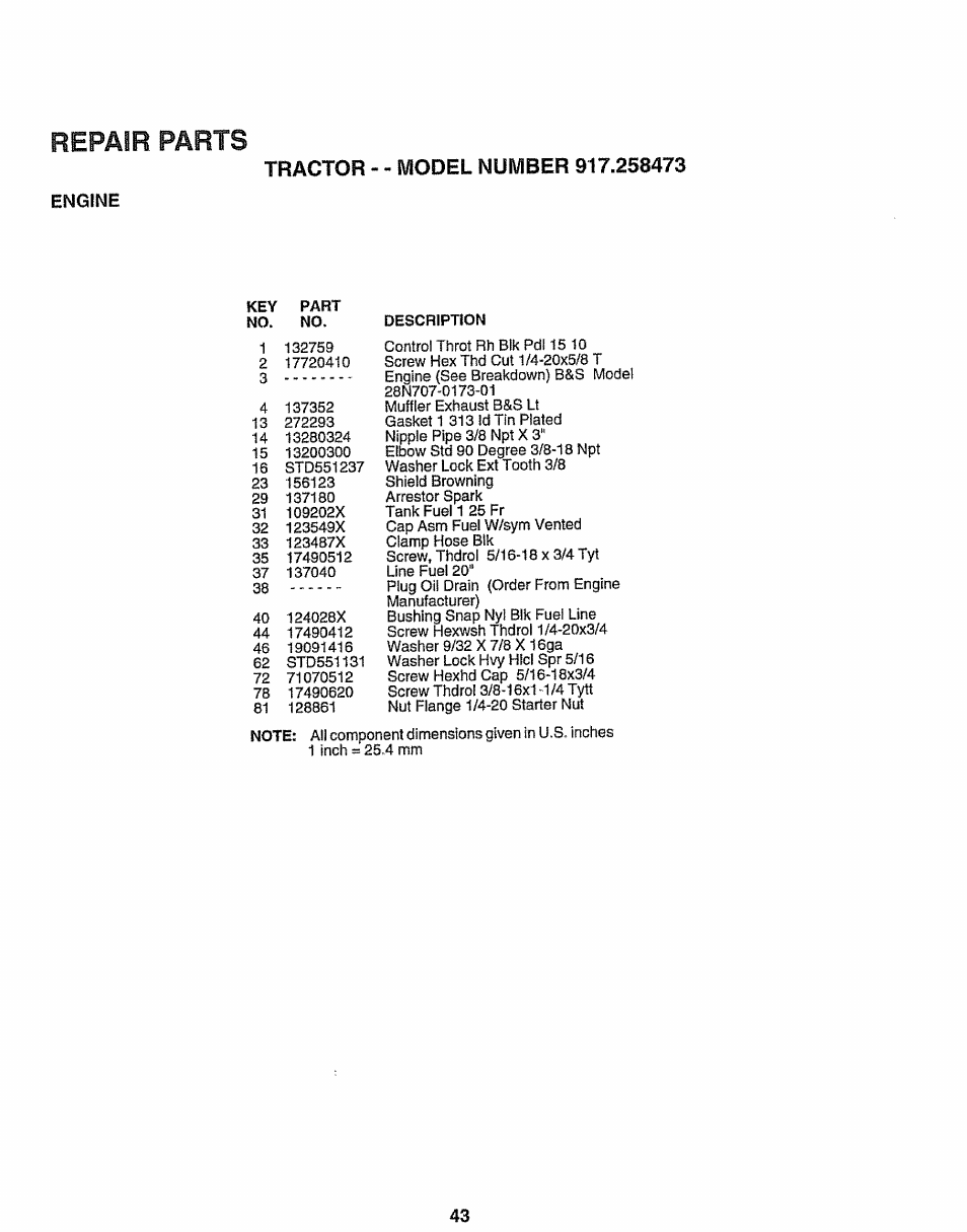 Engine, Repair parts | Sears EZ3 917.258473 User Manual | Page 43 / 60