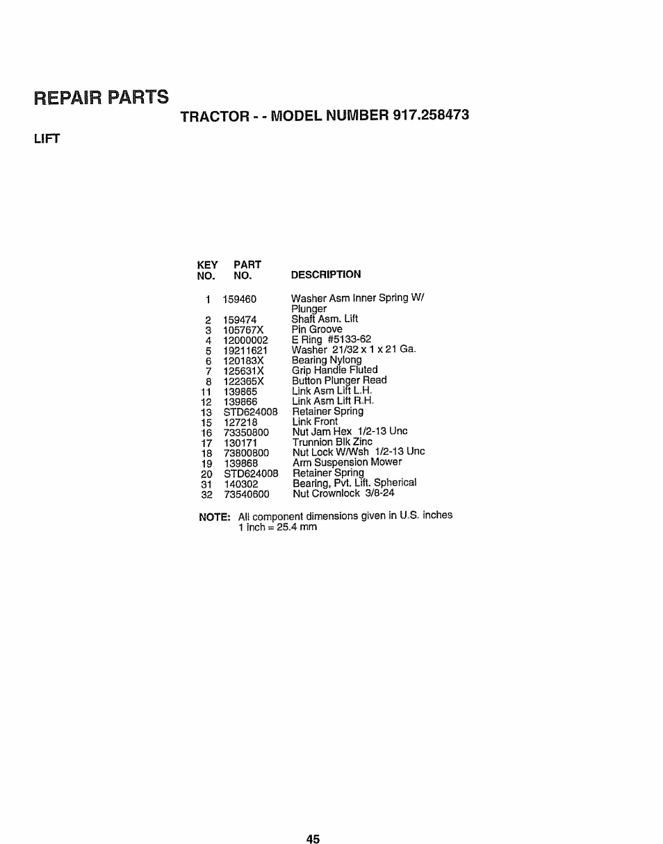 Lift, Repair parts | Sears EZ3 917.258473 User Manual | Page 45 / 60