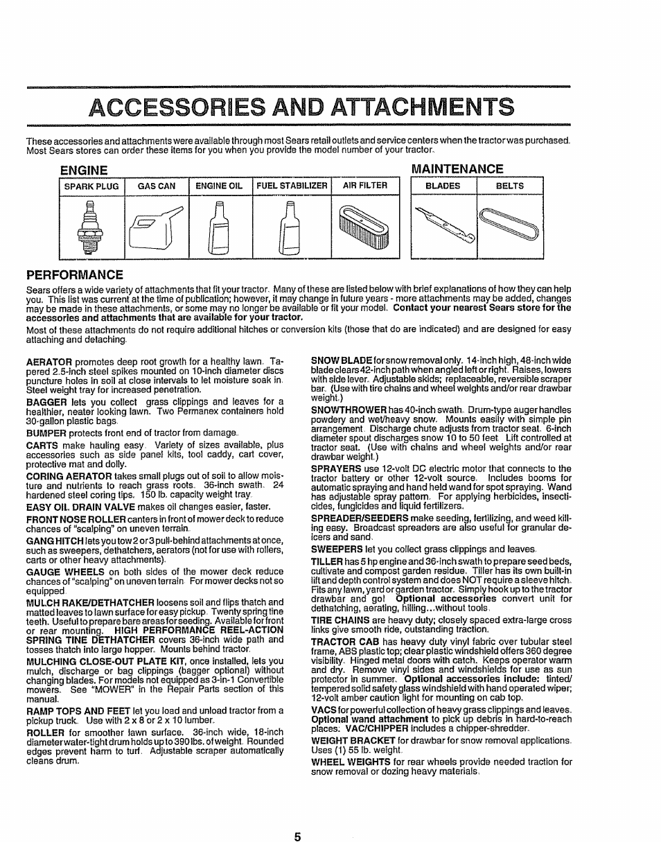 Accessories and attachments, Engine, Maintenance | Performance, Engine maintenance performance | Sears EZ3 917.258473 User Manual | Page 5 / 60