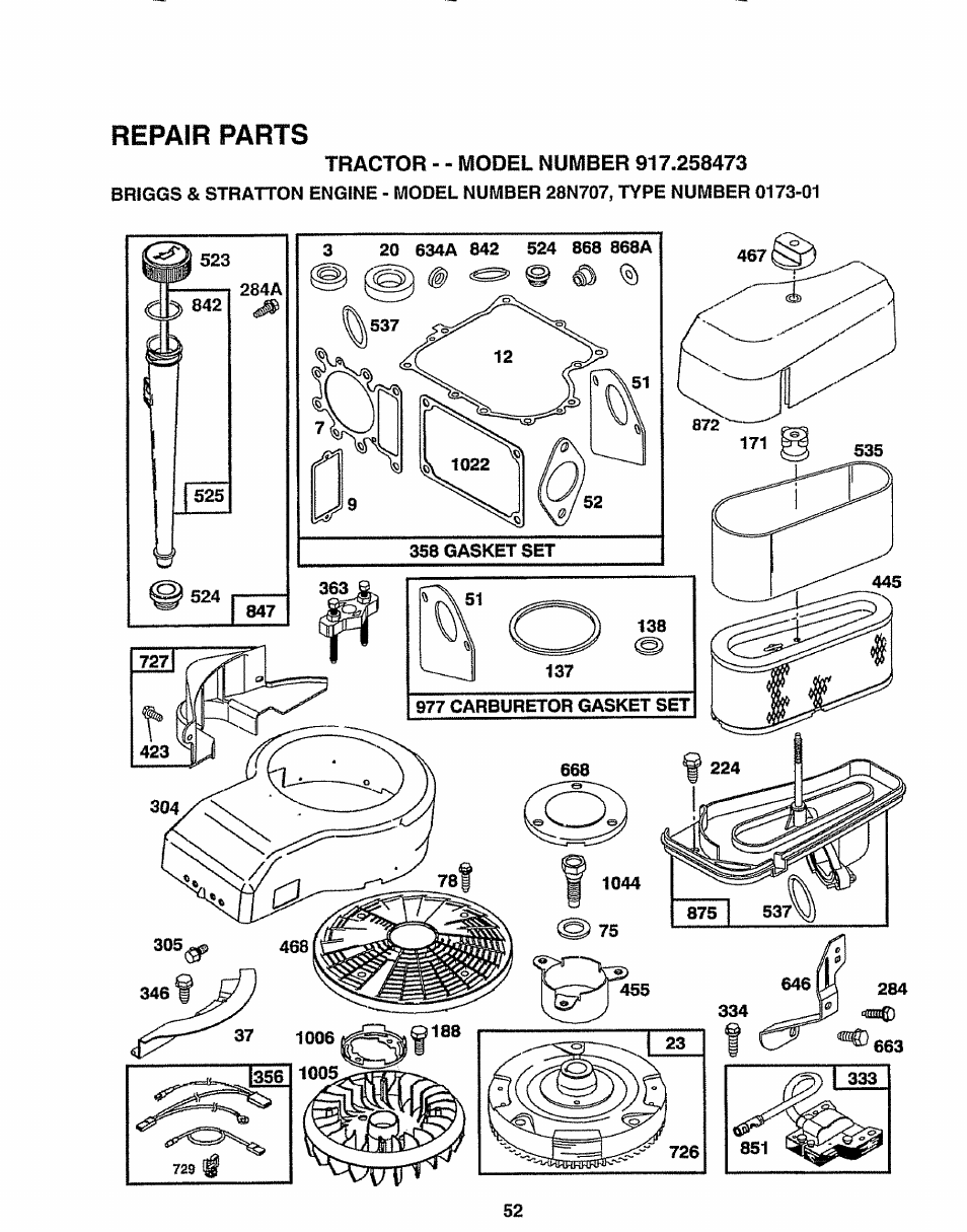 Repair parts | Sears EZ3 917.258473 User Manual | Page 52 / 60