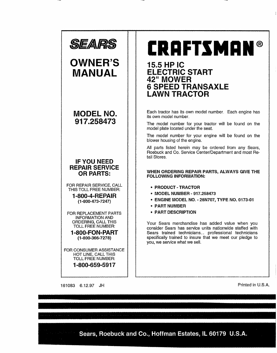Crnftsmrn, Owner’s manual | Sears EZ3 917.258473 User Manual | Page 60 / 60