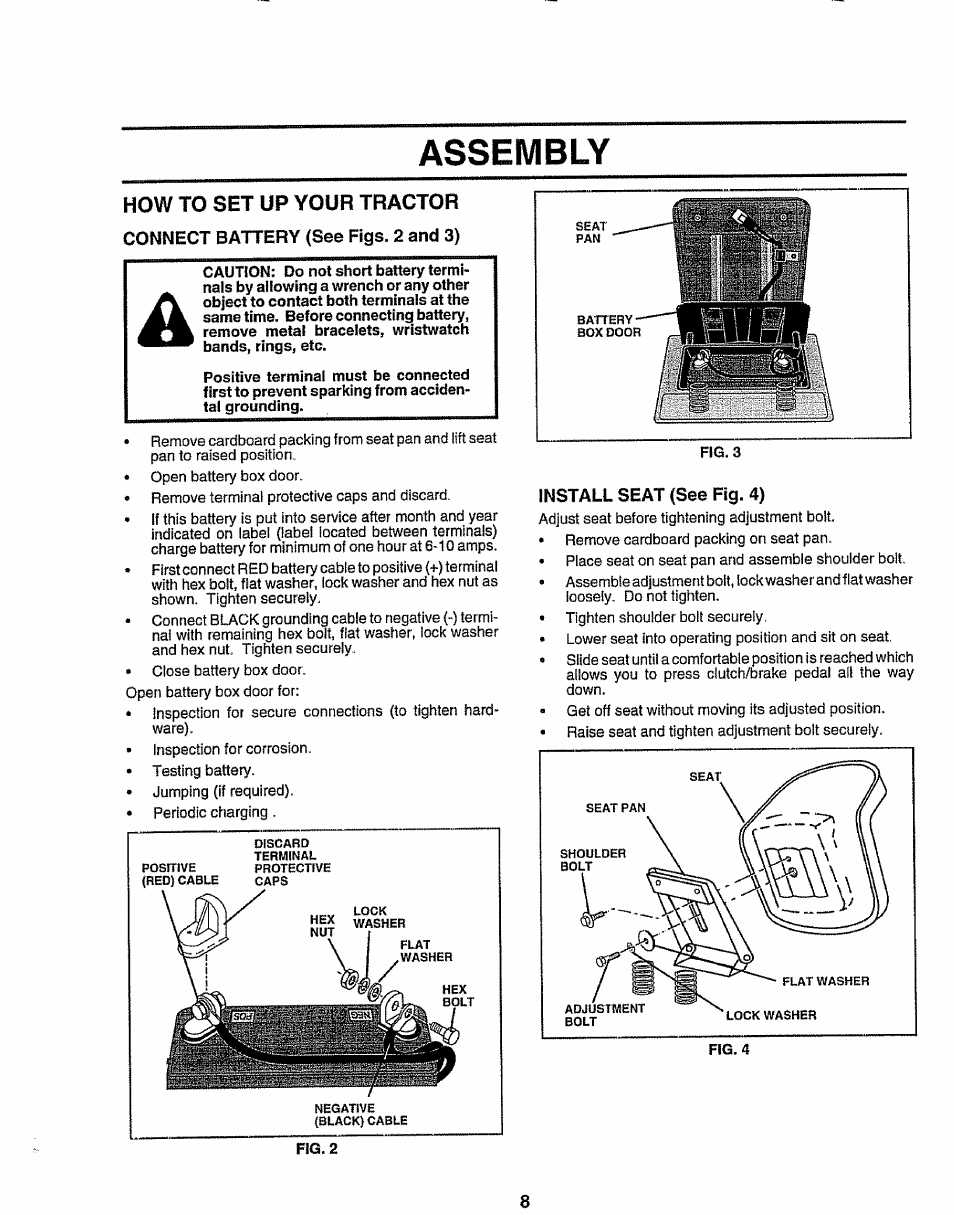 How to set up your tractor, Connect battery (see figs. 2 and 3), Install seat (see fig. 4) | Assembly | Sears EZ3 917.258473 User Manual | Page 8 / 60