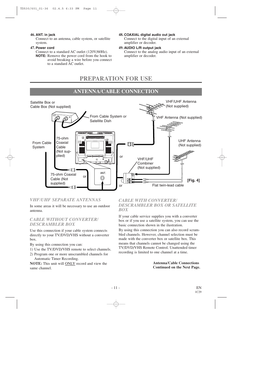 Preparation for use, Antenna/cable connection | Sears SRCD227 User Manual | Page 11 / 64