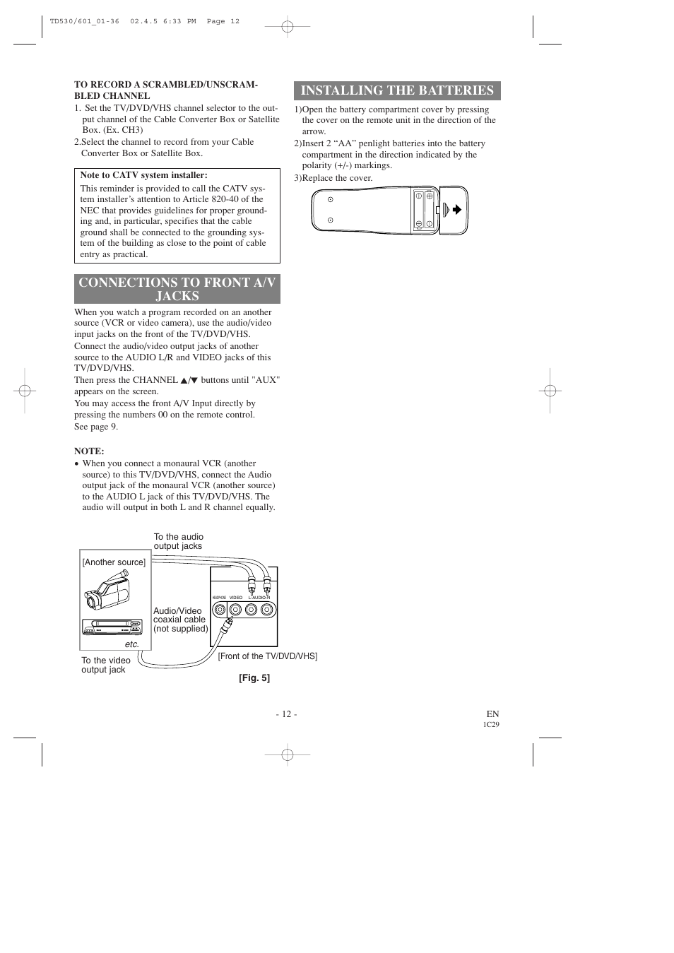 Installing the batteries, Connections to front a/v jacks | Sears SRCD227 User Manual | Page 12 / 64