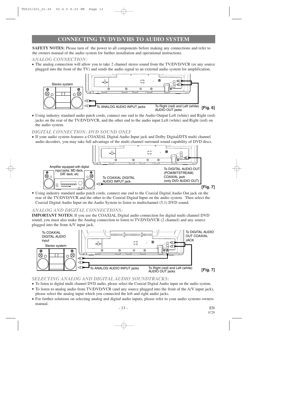 Connecting tv/dvd/vhs to audio system, Analog connection, Selecting analog and digital audio soundtracks | Digital connection: dvd sound only, Analog and digital connections | Sears SRCD227 User Manual | Page 13 / 64