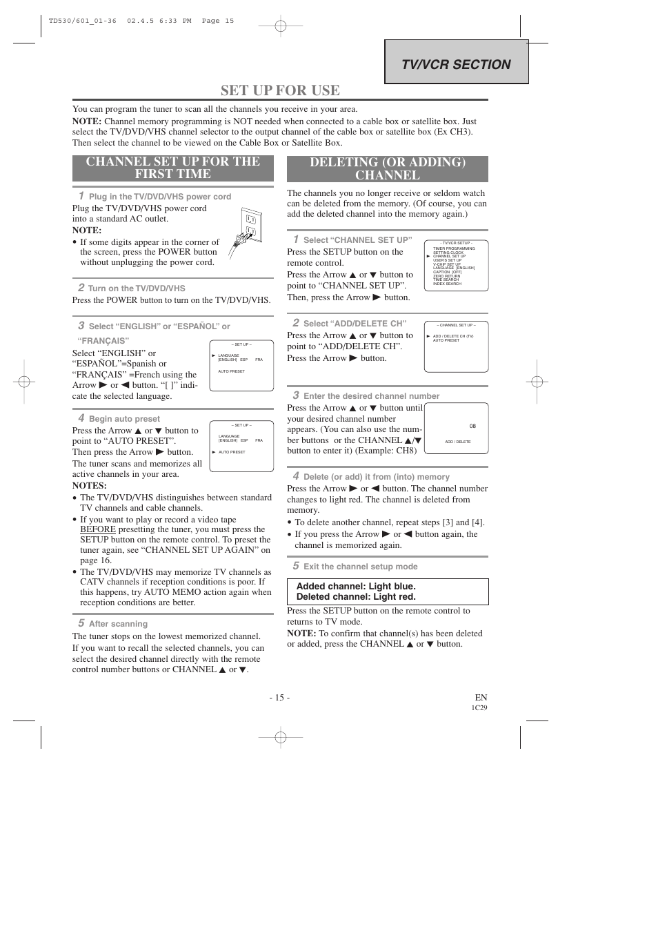 Set up for use, Channel set up for the first time, Deleting (or adding) channel | Sears SRCD227 User Manual | Page 15 / 64