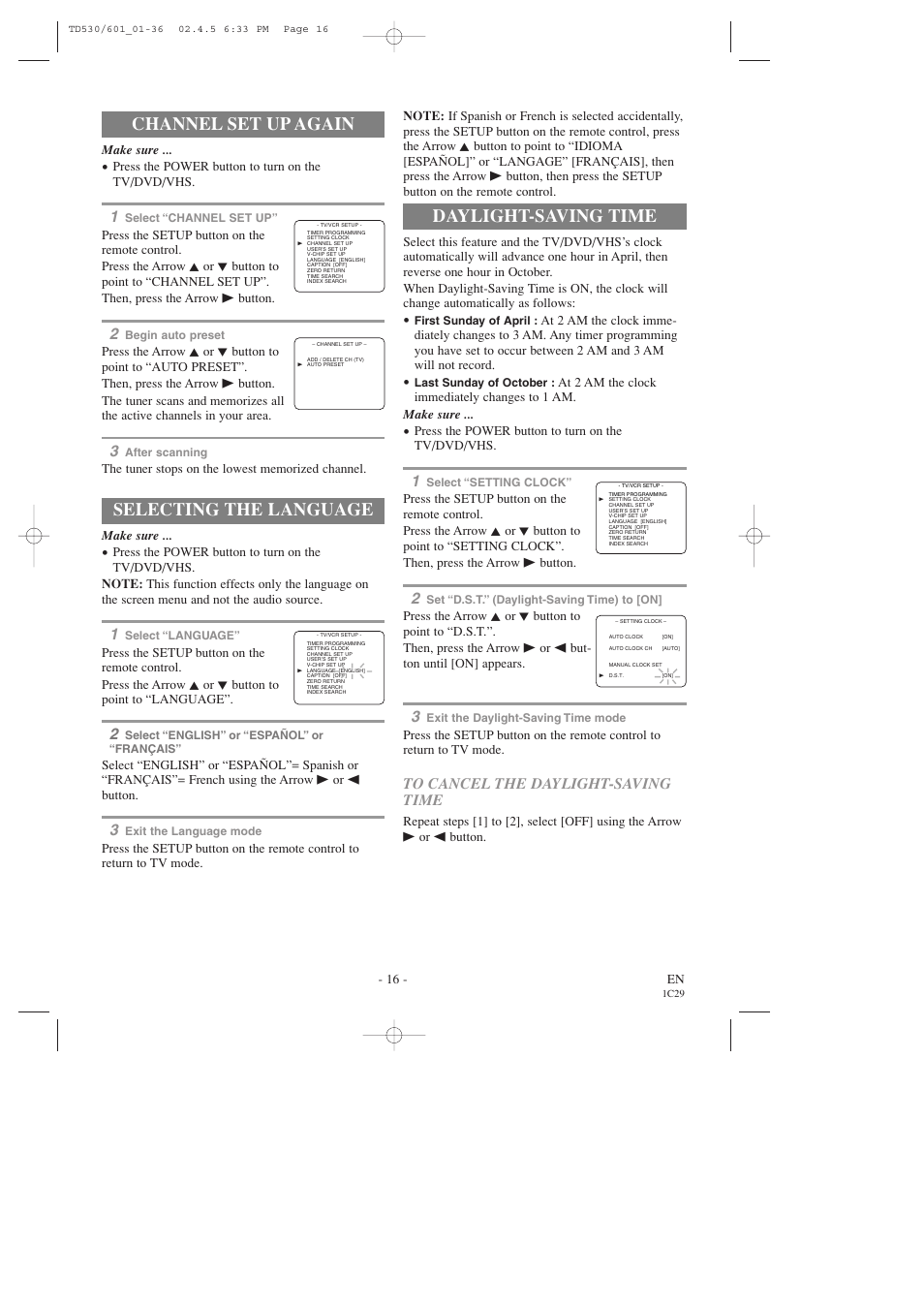 Channel set up again, Selecting the language, Daylight-saving time | Sears SRCD227 User Manual | Page 16 / 64