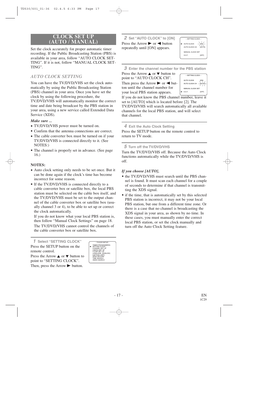 Clock set up (auto / manual), Auto clock setting | Sears SRCD227 User Manual | Page 17 / 64