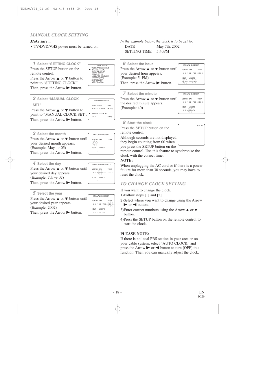 Manual clock setting, 18 - en, Make sure | Sears SRCD227 User Manual | Page 18 / 64