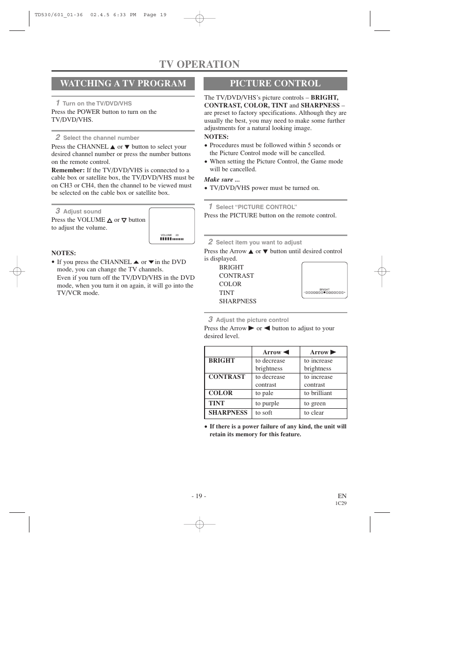 Tv operation, Watching a tv program, Picture control | Sears SRCD227 User Manual | Page 19 / 64