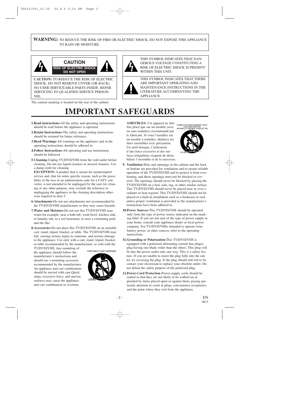 Important safeguards, Warning, Caution | Sears SRCD227 User Manual | Page 2 / 64