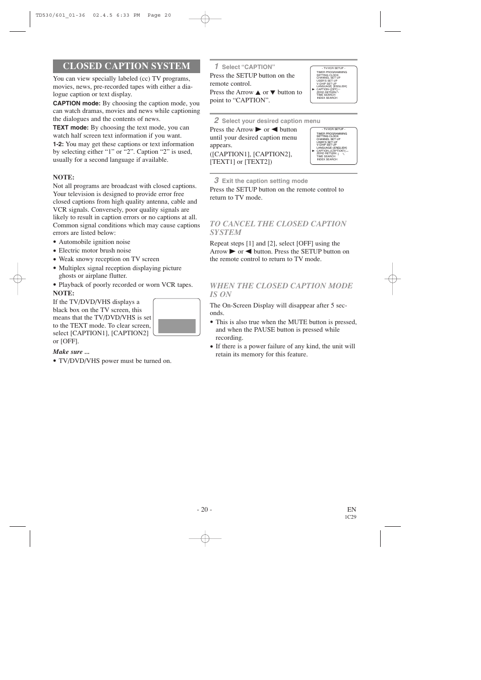 Closed caption system | Sears SRCD227 User Manual | Page 20 / 64