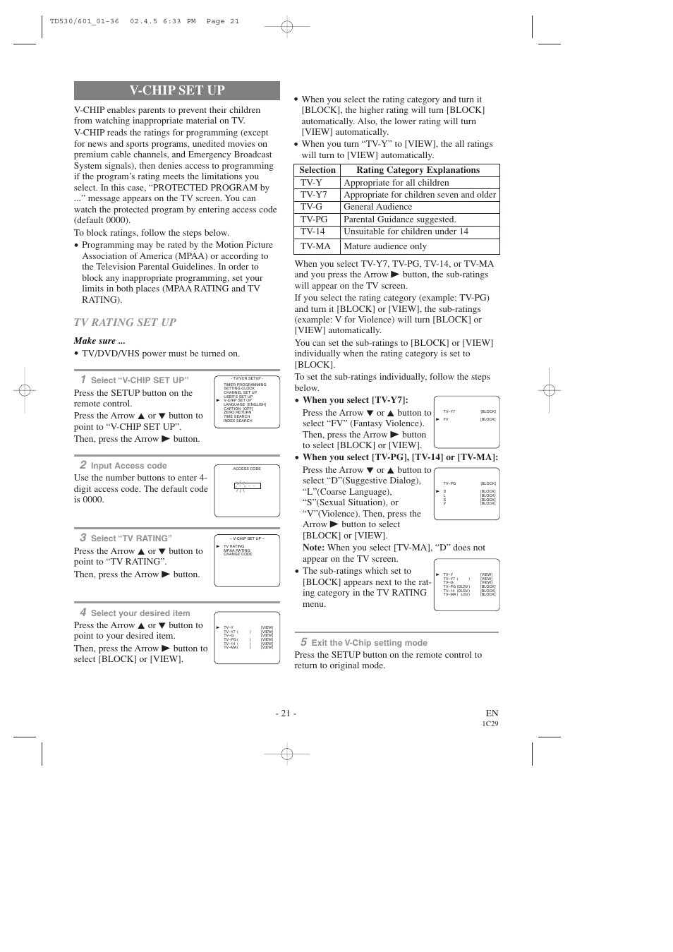 V-chip set up, Tv rating set up, 21 - en | Make sure, Tv/dvd/vhs power must be turned on | Sears SRCD227 User Manual | Page 21 / 64