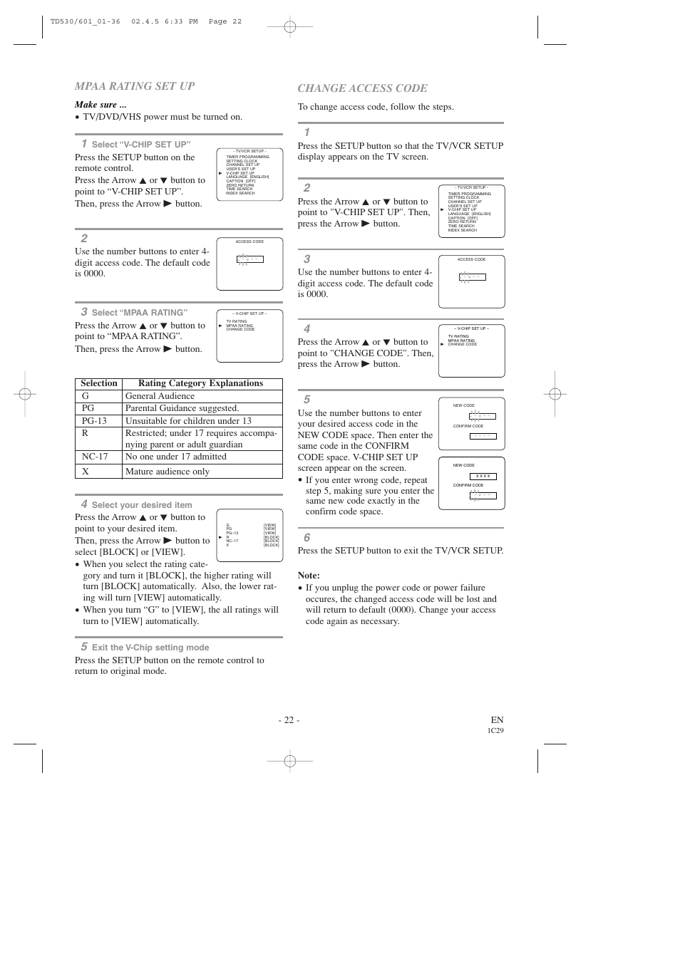 Mpaa rating set up, Change access code | Sears SRCD227 User Manual | Page 22 / 64