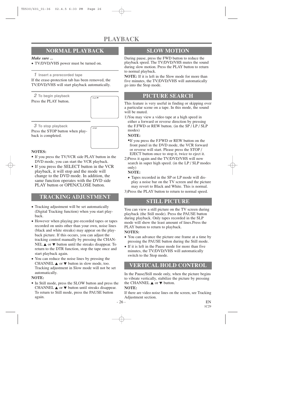 Playback, Normal playback, Tracking adjustment | Picture search, Still picture, Vertical hold control, Slow motion | Sears SRCD227 User Manual | Page 26 / 64