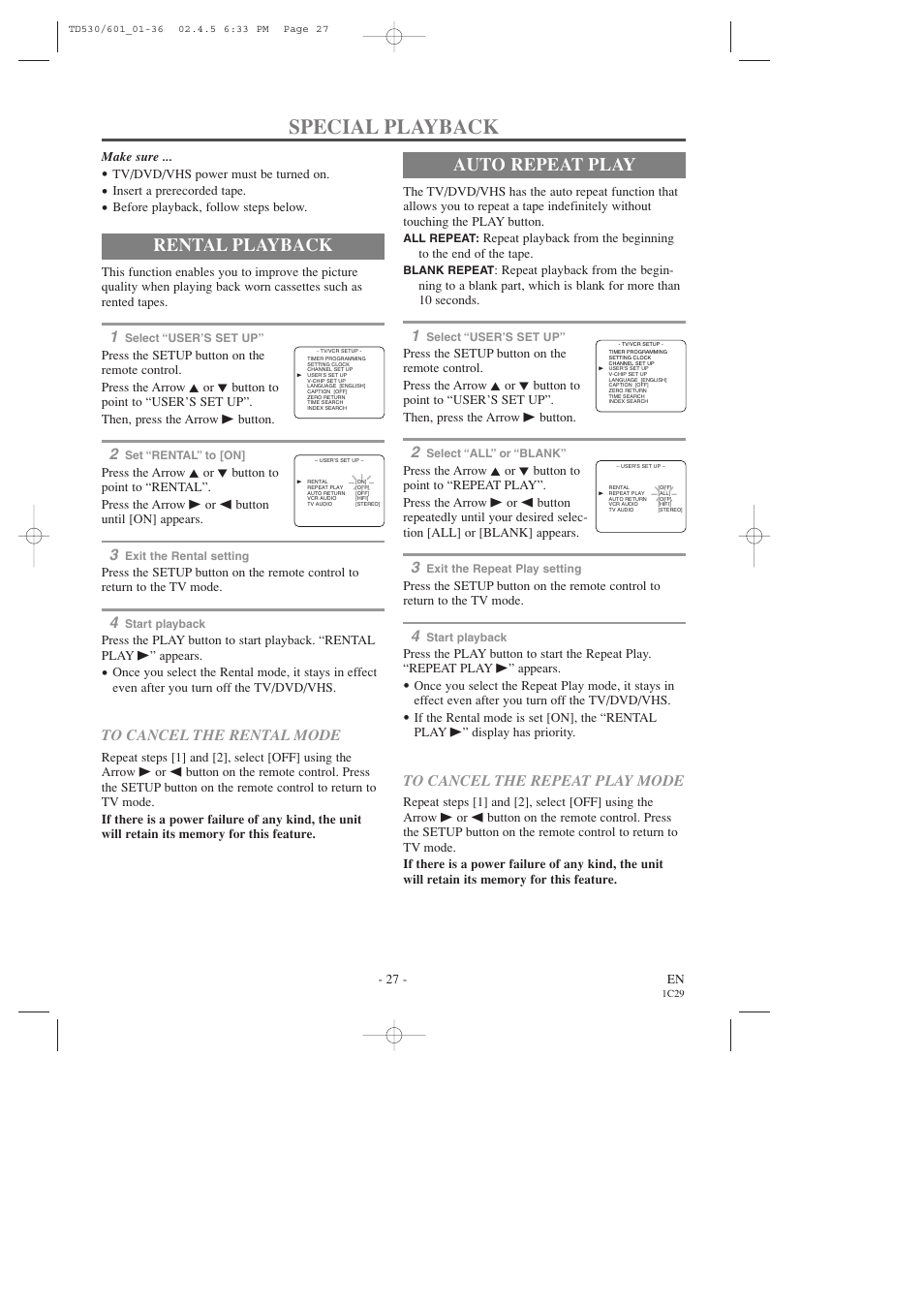 Special playback, Rental playback, Auto repeat play | Sears SRCD227 User Manual | Page 27 / 64