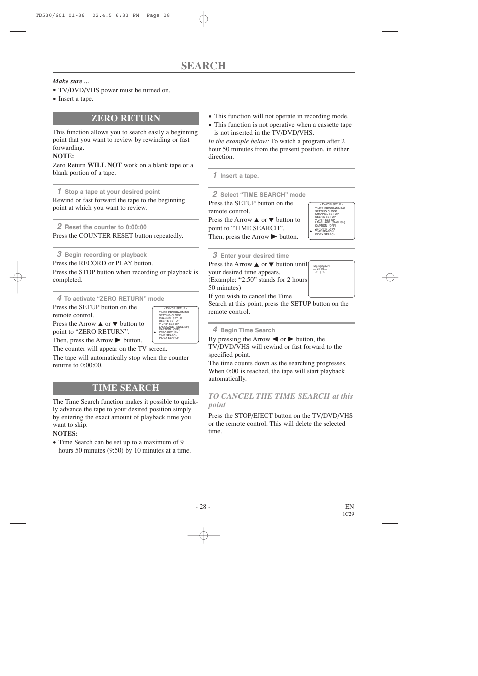 Search, Zero return, Time search | Sears SRCD227 User Manual | Page 28 / 64