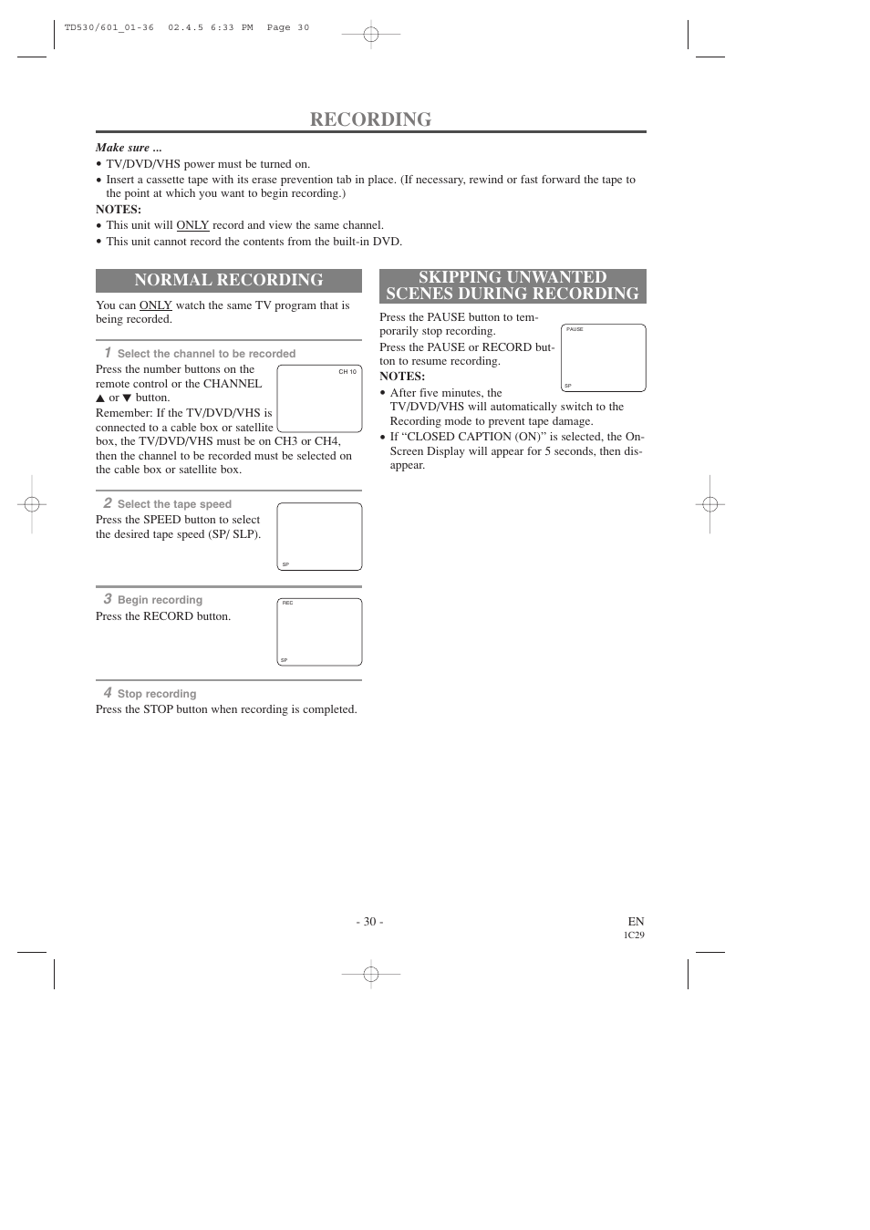 Recording, Normal recording, Skipping unwanted scenes during recording | Sears SRCD227 User Manual | Page 30 / 64